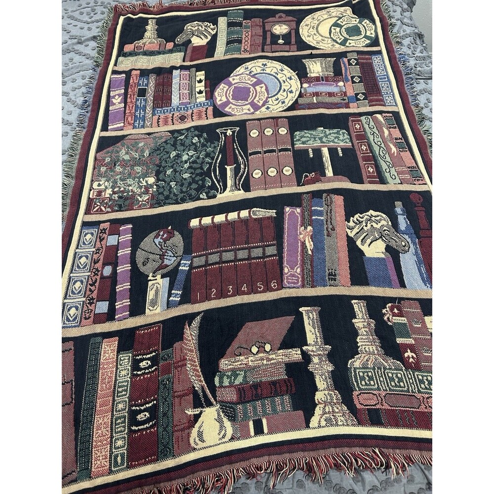 VTG Goodwin Weavers Cotton Tapestry Fringe Blanket Library Book Shelf 68”x49”